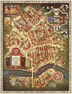 Pictorial Map Harvard University Radcliffe College Cambridge Massachusetts
