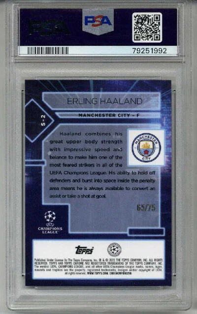 2022 TOPPS CHROME UCC SPECIMEN BLUE WAVE REFRACTOR #S2 ERLING HAALAND /75 PSA 10 - Image 2 of 2