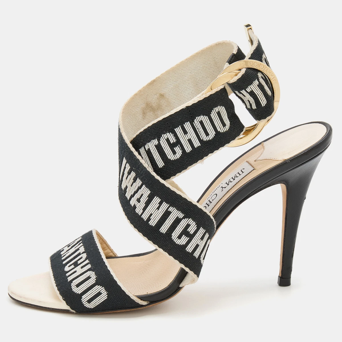 Jimmy Choo White Black Web Bailey Logo Ankle Strap Sandals Size 38