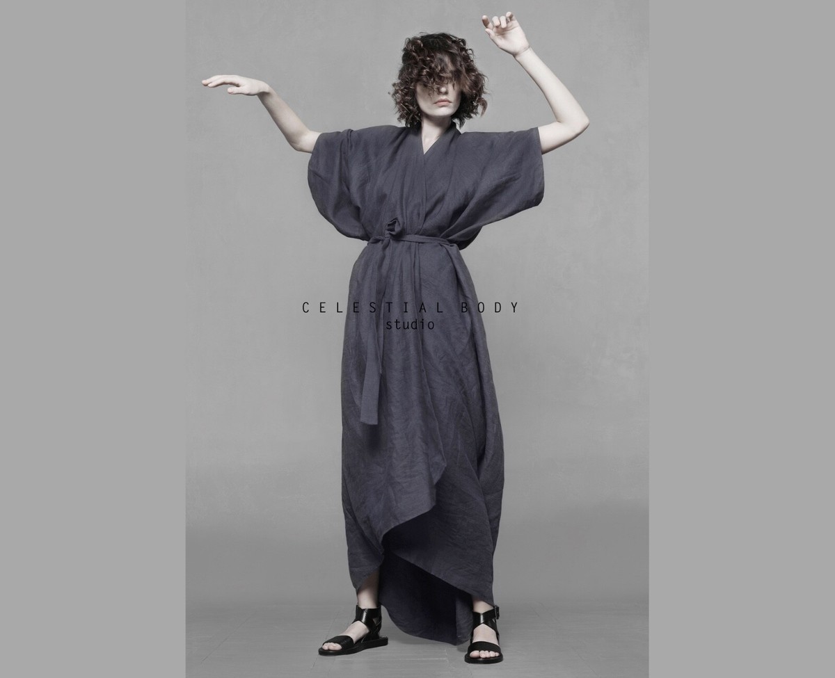 Japanese Avant-garde Linen Kimono Style Wrap Robe Dress. Long kimono Cardigan Japanese Avant-garde Linen Kimono Style Wrap Robe Dress. Long kimono Cardigan