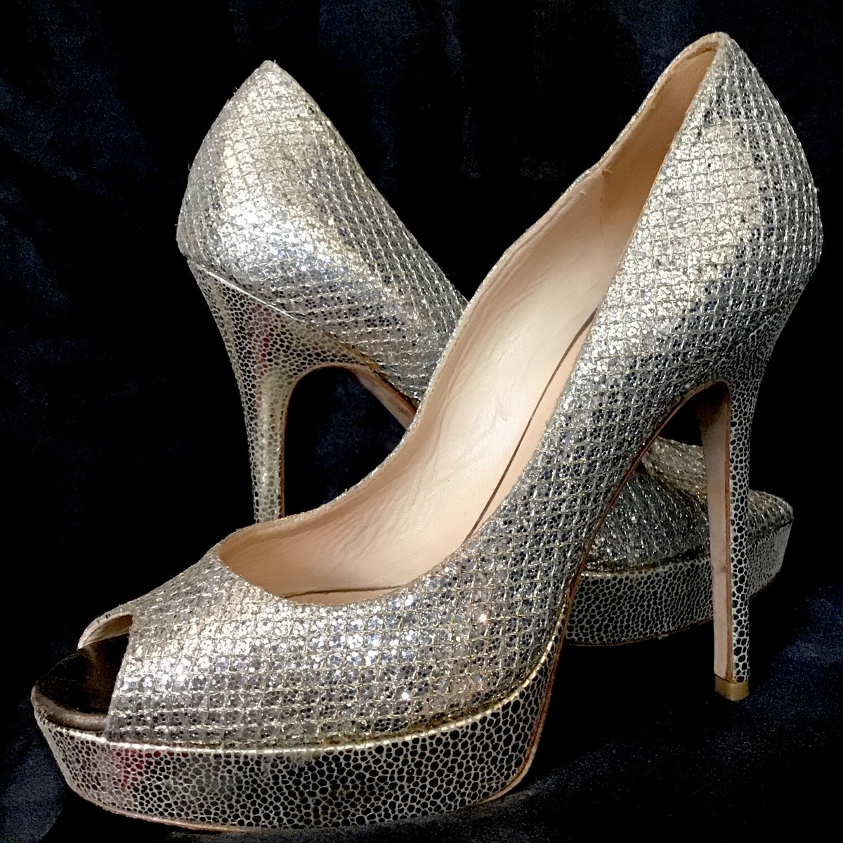 Jimmy Choo Platform Pump Peep Toe Silver Glitter Gold Stitch 5