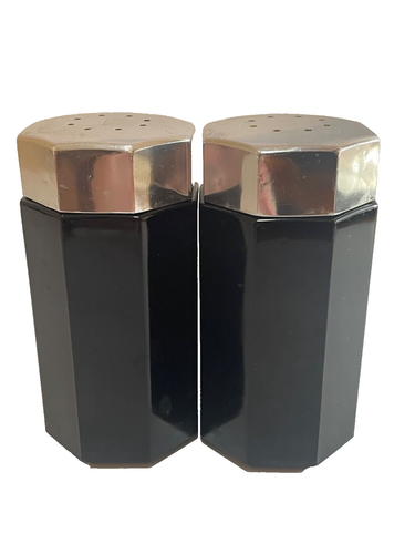 Vintage Black Glass Octagon Arcoroc France Salt & Pepper Shakers Silver Tops