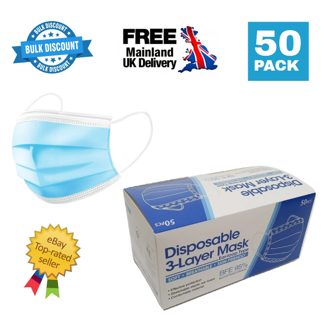 Pack of 50 - Disposable 3ply Face Masks 3 Ply with Flexible Ear Loop Civilian