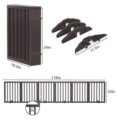 Wide 6 Panel 110'' x 24'' Wooden Freestanding Feet Pet Dog Gate Step Over Foldable