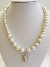 Bridal Ivry Glass Pearl Necklace Rhinestone Rectangle Pendant & Spacers.
