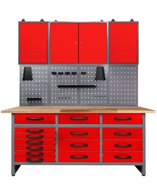 Ondis24 Werkstattset 160cm Werkbank rot Metall Werkzeugschrank Lochwand Hakenset