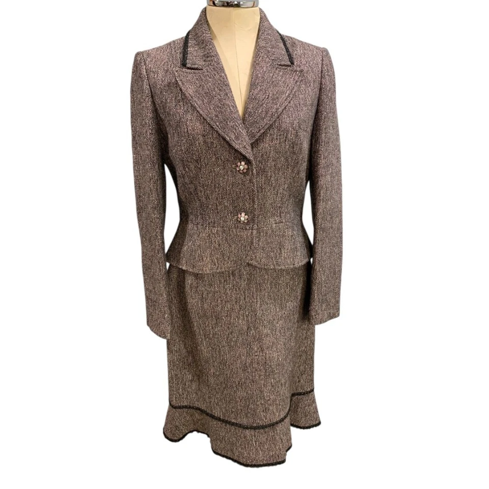 Talla 6 Tahari Falda Traje Chaqueta Tweed Encaje Dobladillo Negro Rosa Púrpura Foto 2 de 4
