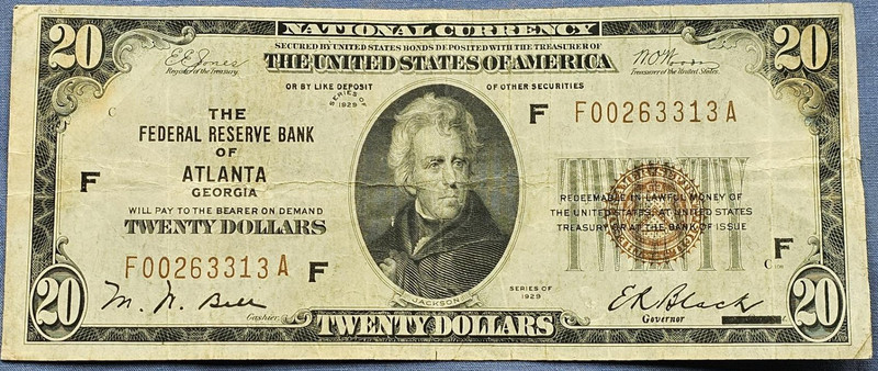 SERIES 1929 $20 NATIONAL CURRENCY NOTE FEDERAL RESERVE BANK ATLANTA