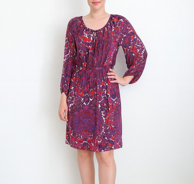 Trina Turk Silk Dress 2 XS / S 100% Purple Floral A-Line Balloon Sleeve Shirred