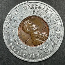 MERCHANTS CO-OPERATIVE BANK Boston Luck Penny Encased Coin 1974 One Lincoln Cent