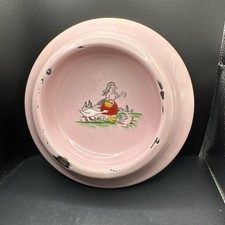 Antique Enamelware Pink Baby Child s Feeding Bowl Dish Large Girl Goose Germany