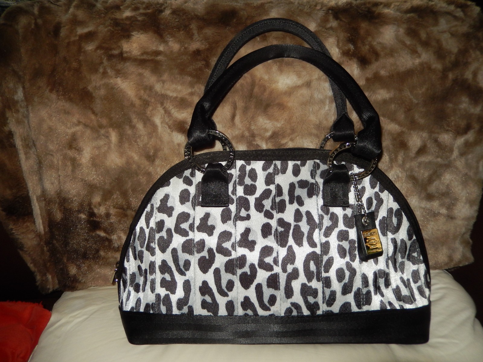 Harveys seatbelt bag black and white animal print satchel new