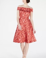 Calvin Klein red floral brocade off shoulder petite Cocktail Dress size 4