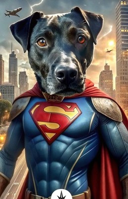 Wandbilddruck Superheld Hund - Lustiger schwarzer Hund im Superman Kostüm Poster A1-A4