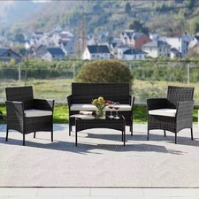 4-Piece Outdoor Patio Furniture Set Wicker Rattan Sofa Chair Table Cushioned Sea