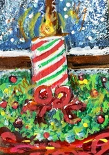 ACEO Original PAINTING Xmas TREE Window Candle Winter Snow Landscape ATC ART