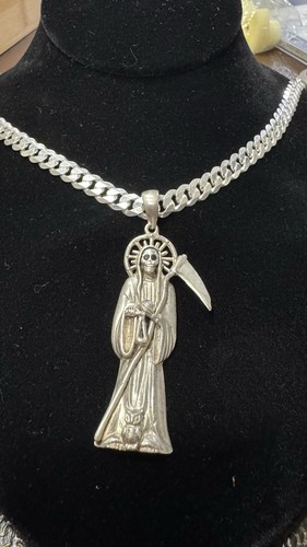 925 Sterling Silver 18” 6mm Cuban Link Chain w/ Santa Muerte Pendant 46.22g
