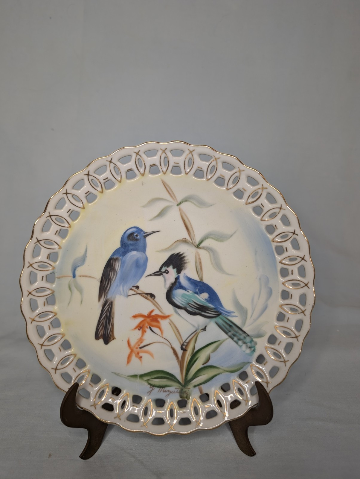 Vintage UCAGCO Signed Hand-Painted 8-Inch Bird Wall Plates with Reticulated Edge