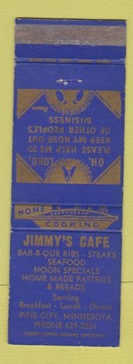 Matchbook Cover - Jimmy's Cafe Pine City MN WEAR