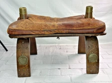 VTG Egyptian Camel Saddle Seat Ottoman Foot Stool Leather w/ Wood Bench, Old!