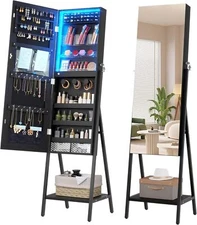 LVSOMT 3 LEDs Mirror Jewelry Cabinet, 60.4 Jewelry Mirror Full Length, Standing