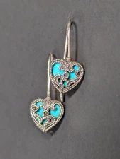 FAS 925 Sterling Silver Turquoise Heart Dangle Earrings Thailand