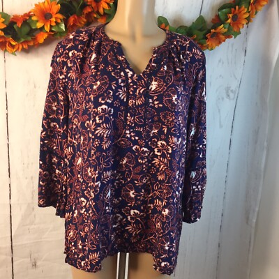 Gloria Vanderbilt Tunic Blouse Women's SZ Large Flowy Navy Blue Floral Bell Svs 