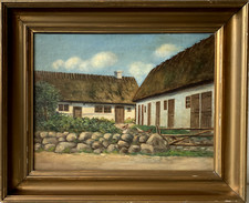 Quadro a Olio Impressionista Fattoria Con Polli Casa Rustica Pietra Annata Antik