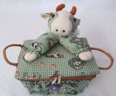 Cow Basket With Three Plush Baby Cows Jet General 1993