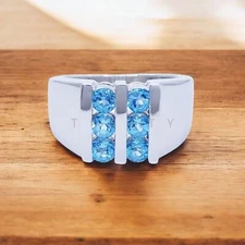 Blue Topaz Round Cut Gemstone With 925 Sterling Silver Ring For Men's #A291 *