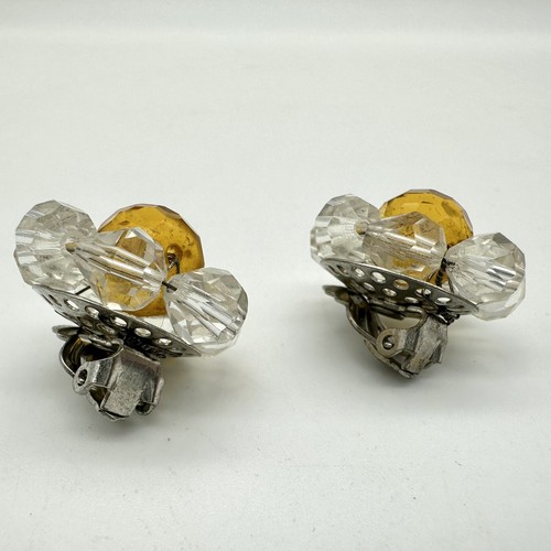 Vintage Estate Faceted Yellow & Clear Glass Crystal Beaded Clip-on Earrings - Picture 5 of 8
