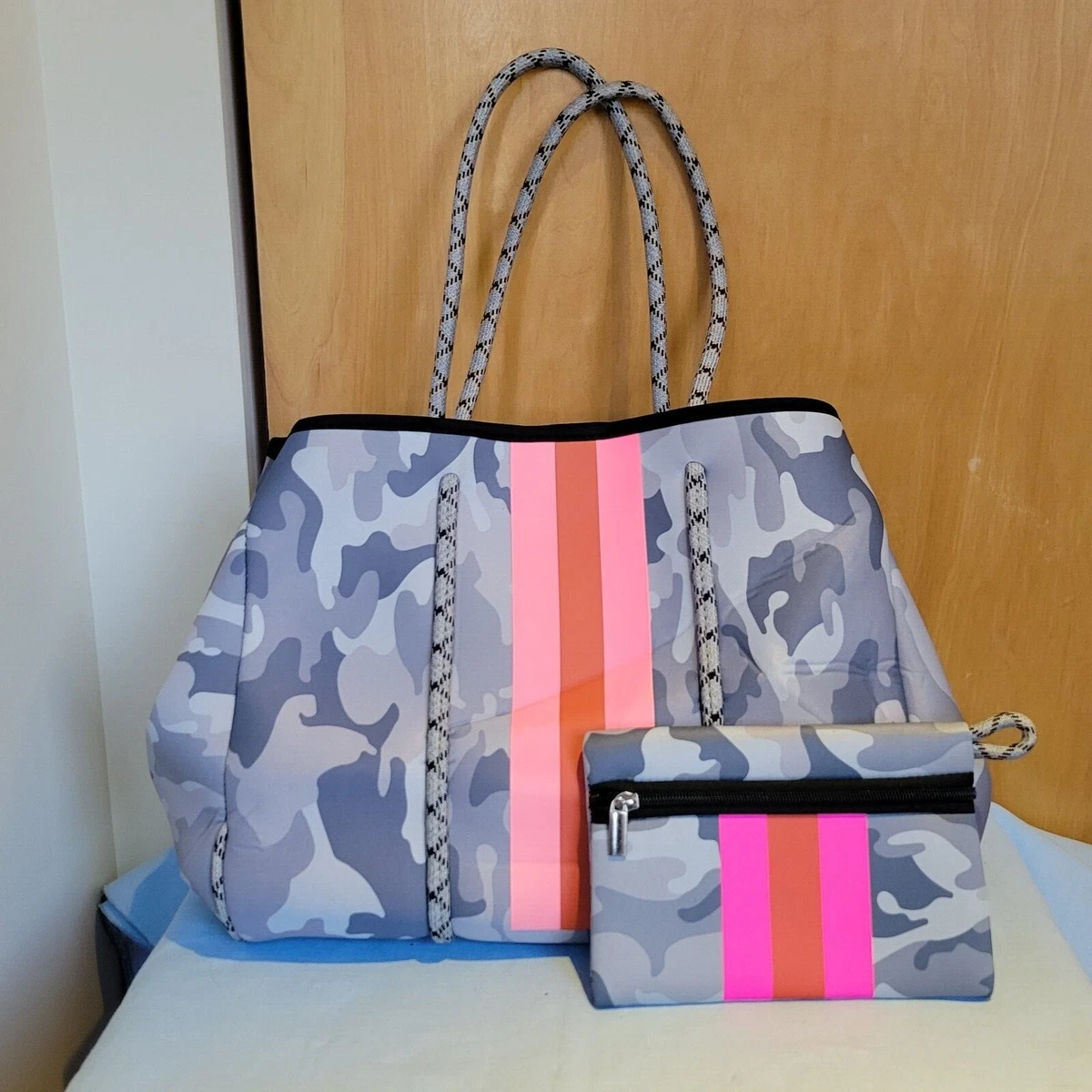 NEW Large Tote Bag Grey Army Camo Pink Stripe Neoprene Purse Travel Washable