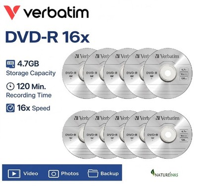 10 Original Verbatim 43549 Rohlinge DVD-R 16x 4,7GB DVD nicht bedruckbare Discs Taiwan