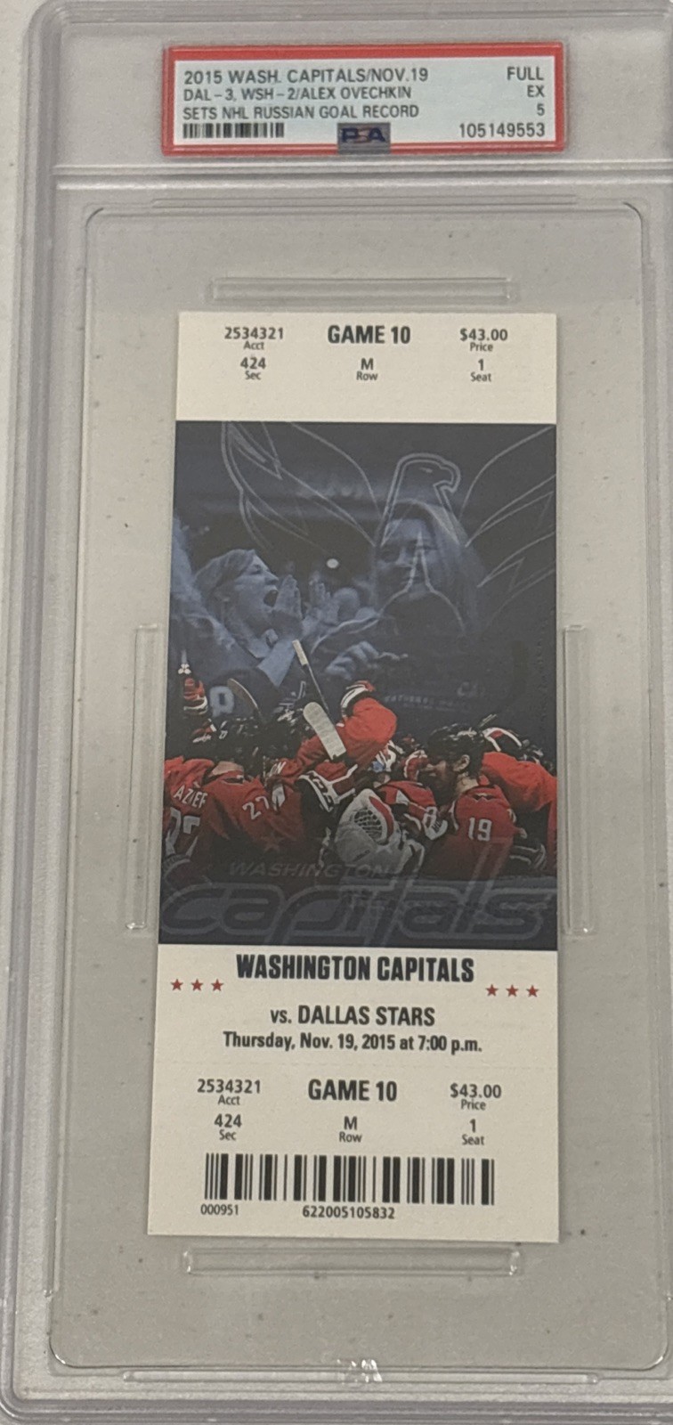 2015 Capitals / Alex Ovechkin sets NHL Russian goal record -- PSA FULL TICKET 
