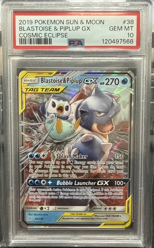 2019 POKEMON SUN & MOON COSMIC ECLIPSE #38 BLASTOISE & PIPLUP GX PSA 10