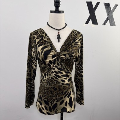 Vintage Y2K Leopard Animal Print V-Neck Fitted Top Mob Wife Indie Sleaze S/M