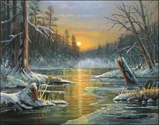 FRASE ORIGINAL PAINTING LANDSCAPE WINTER SUNSET RIVER SNOW DUCK STAMP ARTIST