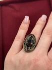 Vintage Gold Tone Oval Statement Ring Red Rhinestones Adjustable Costume Jewelry