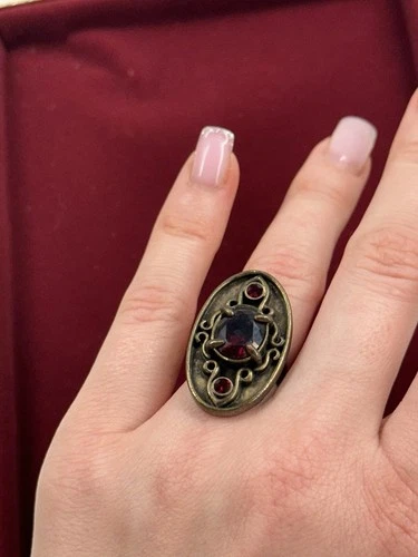 Vintage Gold Tone Oval Statement Ring Red Rhinestones Adjustable Costume Jewelry