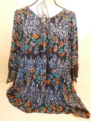 Est. 1946 Black Floral Short Sleeve Tunic Top Tie V -Neck Size 26/28W