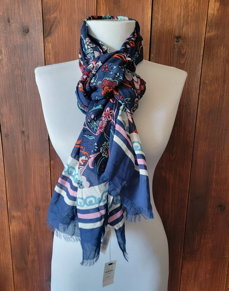 NWT Talbots Blue Floral Scarf 100% Modal Pink Aqua Orange Vibrant Print Fringe - Image 3 of 4
