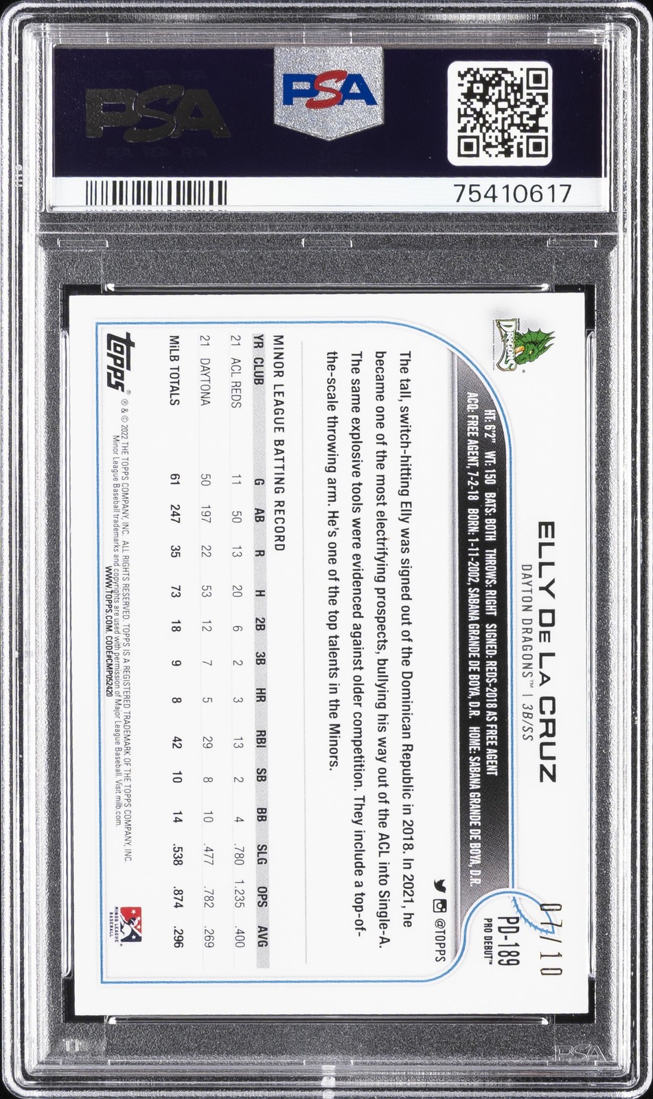2022 TOPPS PRO DEBUT RED #PD189 ELLY DE LA CRUZ 7/10 PSA 9 view 2