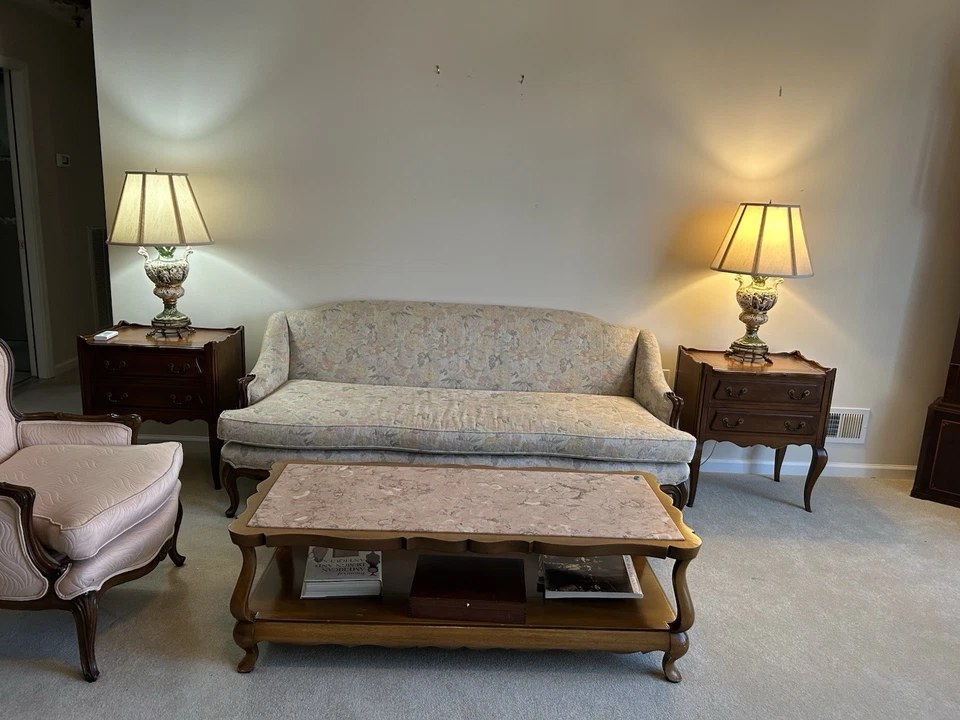 减少美丽复古法国省级沙发 Cabriole 后粉彩织物 80 — 第 3/4 张图片