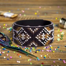 DIY Bead embroidery kit on faux leather Bracelet 3 22cm Black unique gift