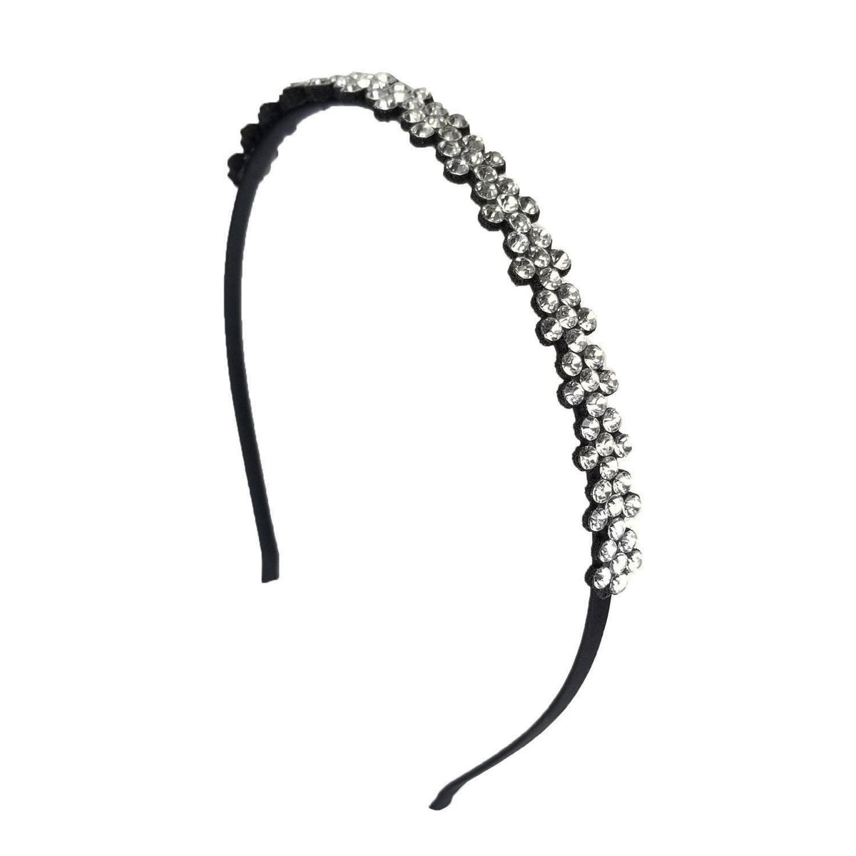 Black Metallic Rhinestones Headband Black Velvet Deep Padded Puffy Headband Silver Crystal  main image 2