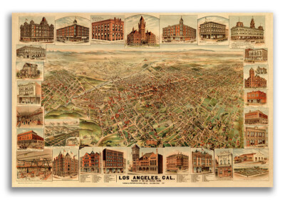 1891 Los Angeles California Vintage Old Panoramic City Map - 20x30