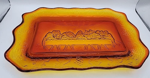 Vintage Amberina Indiana Glass Bread Plate The Last Supper 11" x 7"  Heavy Piece