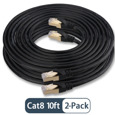 CAT8 Ethernet LAN Patch Cable 10ft with 2000 Mbps (2Gbps) HighSpeed - 2 pack Lot