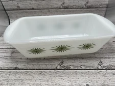 Vintage Atomic Starburst OVENWARE Glasbake-Style 1.5 Qt Loaf Pan Olive 522 USA  
