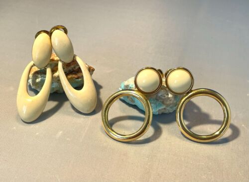 2 Pairs Vintage Monet White Enamel And Gold Dangle Earrings Clip On